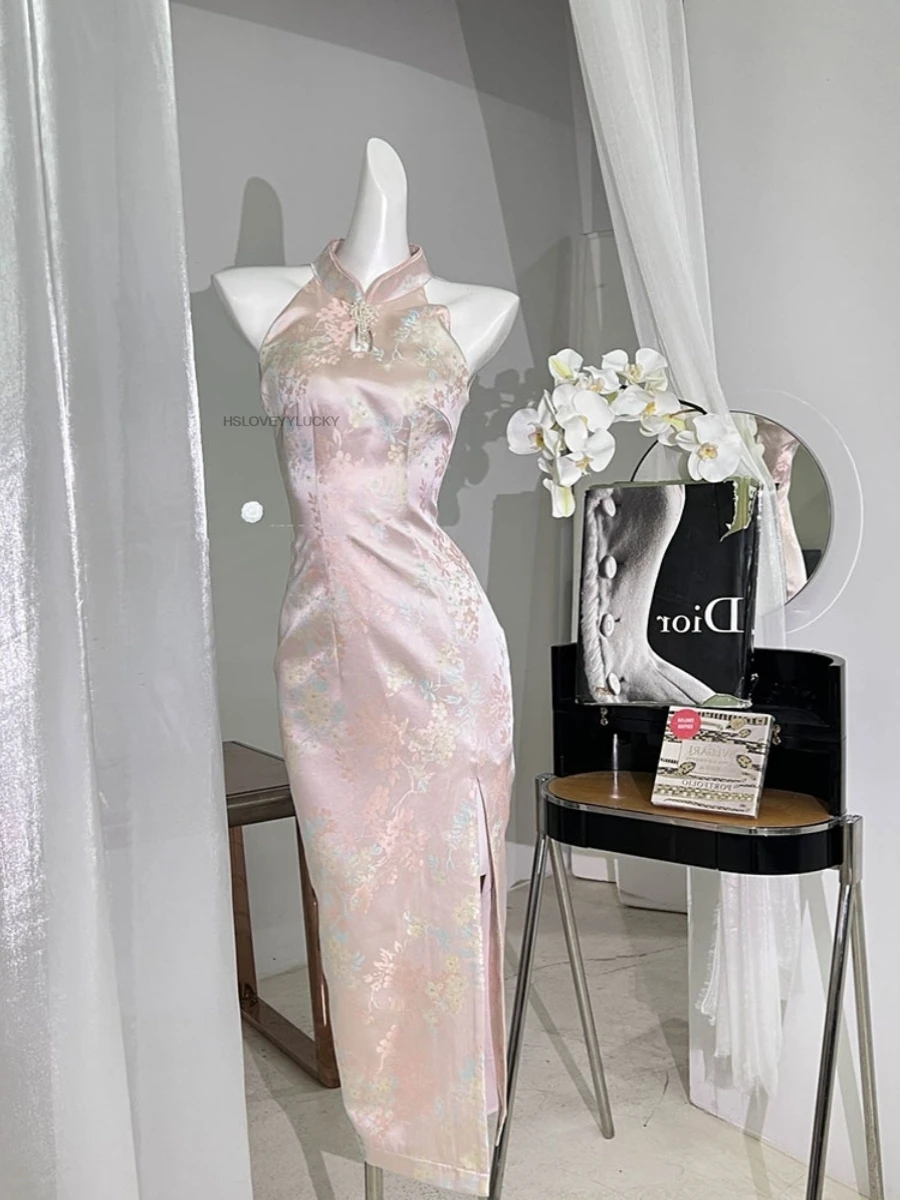 

Retro Cheongsam Slit Sexy Chinese Style Pink Qipao Dress Female Elegant Daily Dresses Costume Lady Graceful Pink Qipao Dress