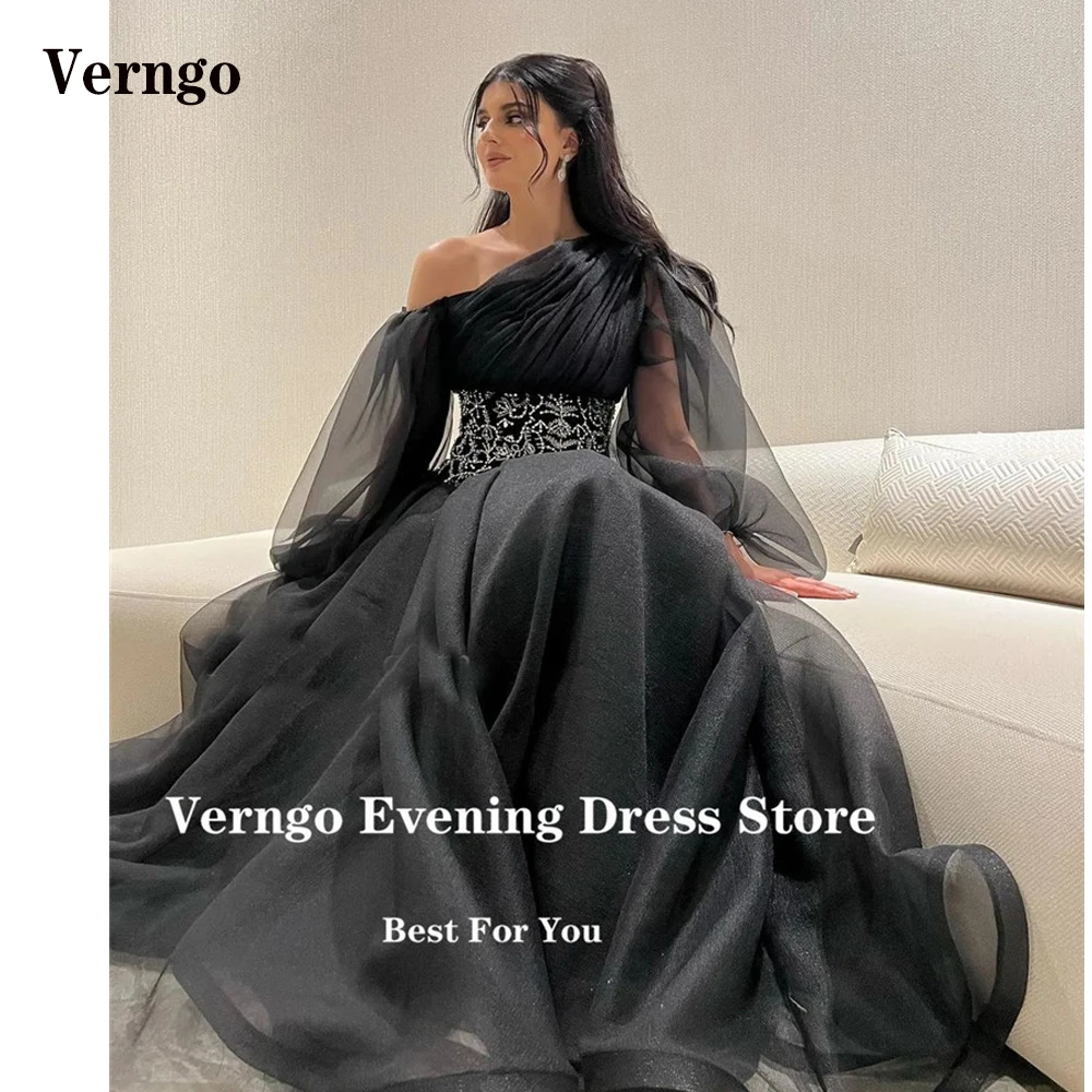 

Verngo Modern Dubai Arabic Women Black Evening Dresses Organza Puff Long Sleeves Crystal Belt Prom Gowns Formal Party Dress