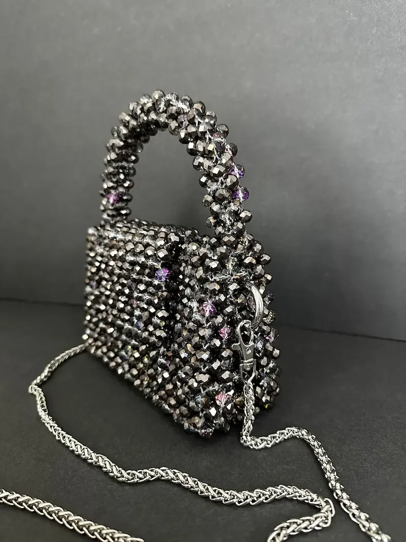 Gifts for Her Handmade Small Vintage Shiny Nice Crystal Beading Women Tote Handbags Summer Creative Female Purses 2024 Summer