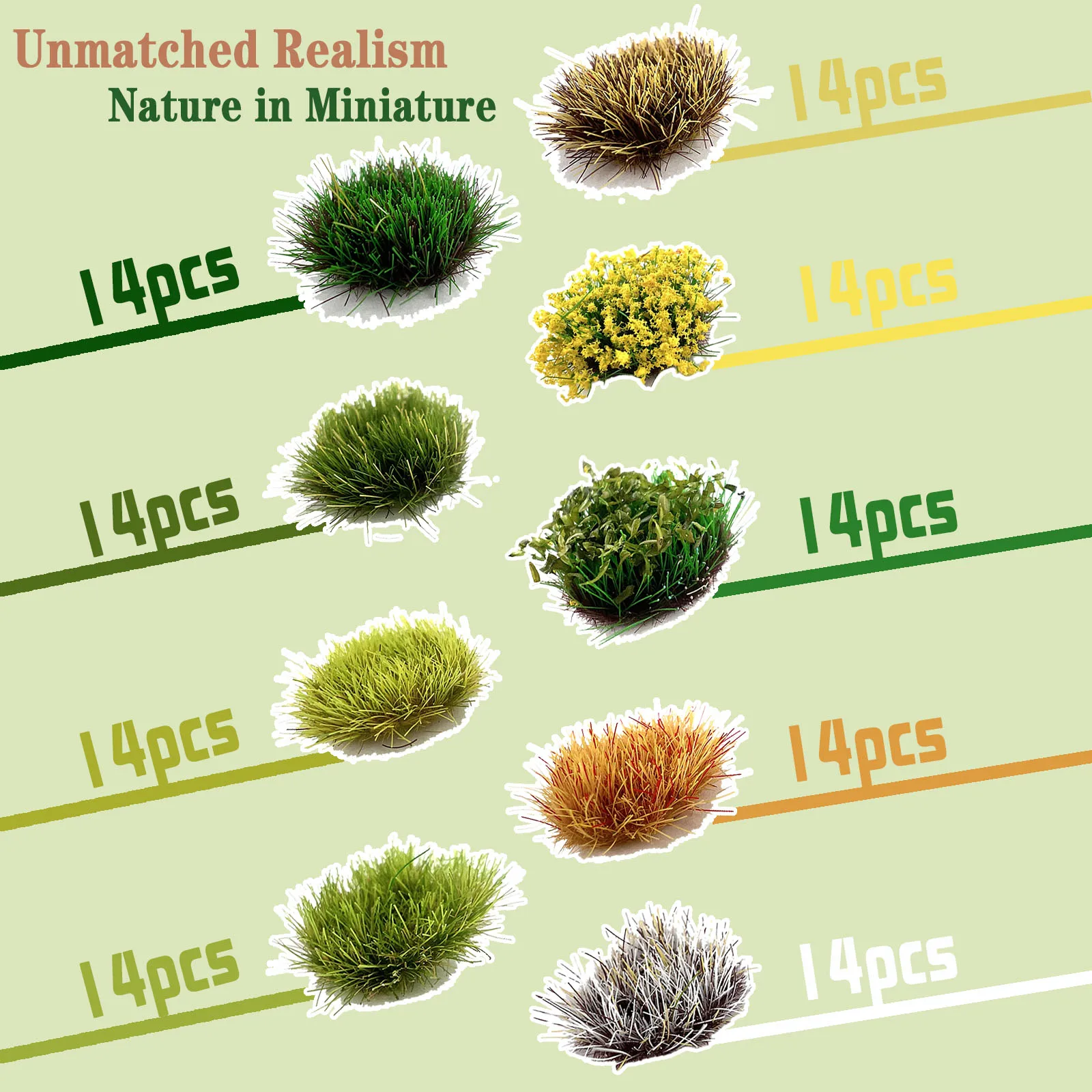 ชุดหญ้าและดอกไม้จำลองขนาด 0.5 ซม. 126 ชิ้น - อุปกรณ์เสริมวัสดุก่อสร้างสำหรับเกมสงคราม โต๊ะทราย และไดโอรามา