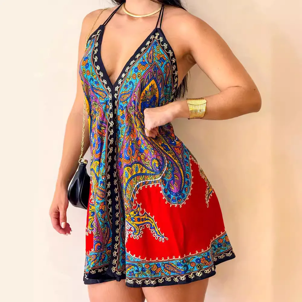 Women Floral Flower Sleeveless Retro Printed V-neck Dress Backless Mini Sexy Dress Summer Fashion