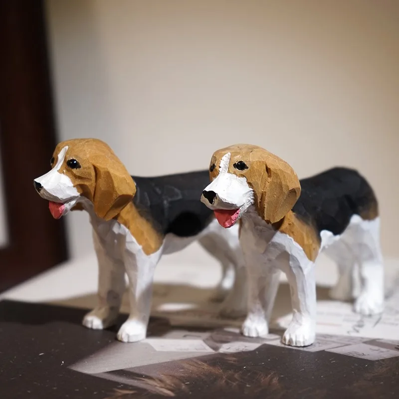 Escultura de madera tallada a mano de Beagle Hound, estatuilla tallada en madera simulada, consola de TV, decoración de mesa, miniaturas de cachorros de madera, 1 ud.