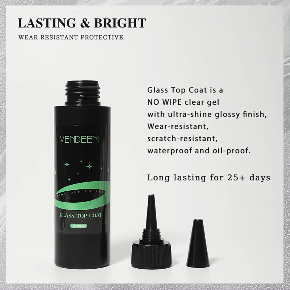 Vendeeni 100ml Glass Top Coat Gel Nail Polish UV LED Soak Off Gel Varnish Wear Scratch Resistant Nail Art Top Coat Salon Quality