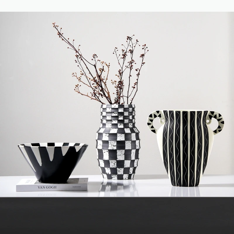 Ceramic Vase Black Check Geometric Striped Flower Pot Flower Vase Ceramic Handicraft Floral Arrangement Accessories