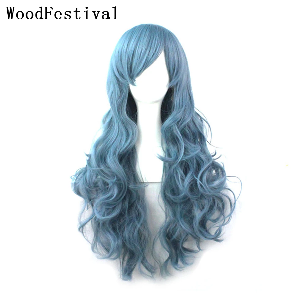 WoodFestival Synthetic Hair Wigs For Women Long Cosplay Wig With Bangs Wavy Pink Red Blonde Blue Green White Purple Black Grey