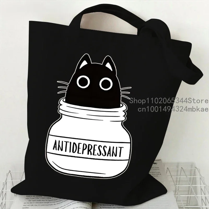 1 Pc Japanese Style Black Cats Pattern Tote Bag Women Men Cartoon Canvas Shoulder Bag for Travel Daily Reusable Commute Bags