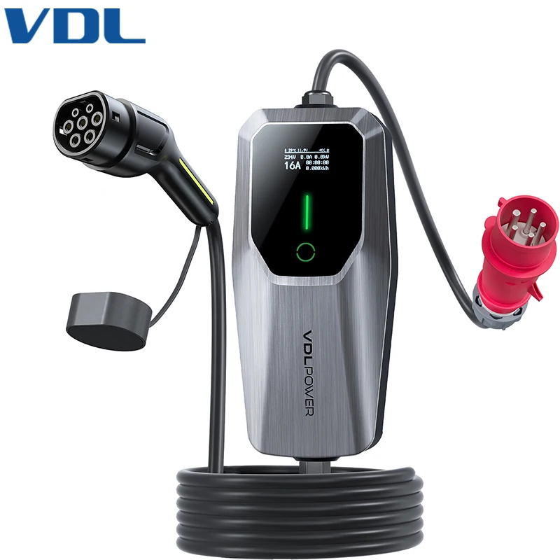 VDL Elektroauto-Ladegerät 5M, 11KW EV-Ladegerät Typ 2 mit Adapter, 6-16A Elektrofahrzeug-Ladekabel mit CEE 3-Phasen-Steckdose, IP65 (IEC 62196-2), LCD-Anzeige