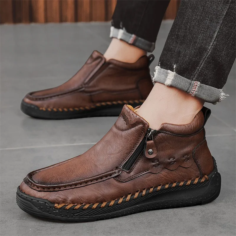 

Classical Casual Leather Men Motorcycle Shoes Fashion Comfortable Ankle Boots Leisure Walk Male High Top Shoes Versatile Botas