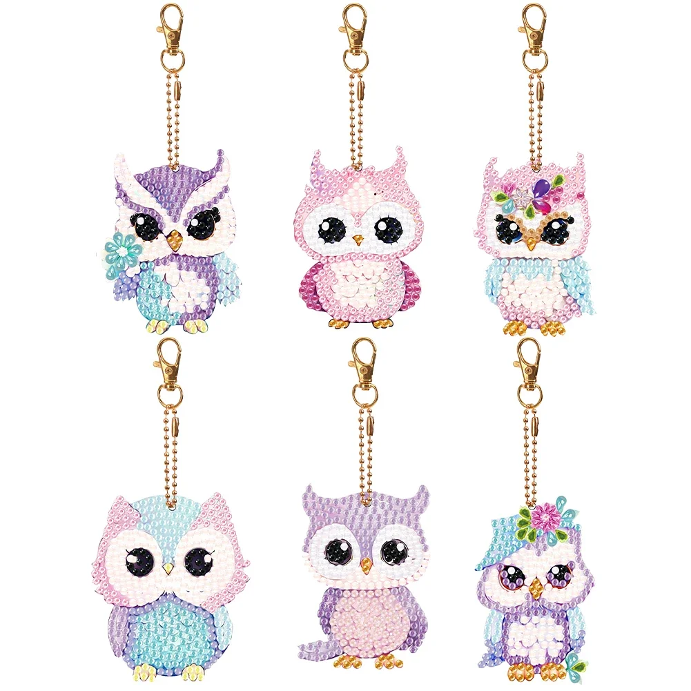 6 PCS Full Drill Keyring Owl Double Sided Diamond Art Keyring Diamond Painting Keychain for Birthday Crafting Home Party Decor