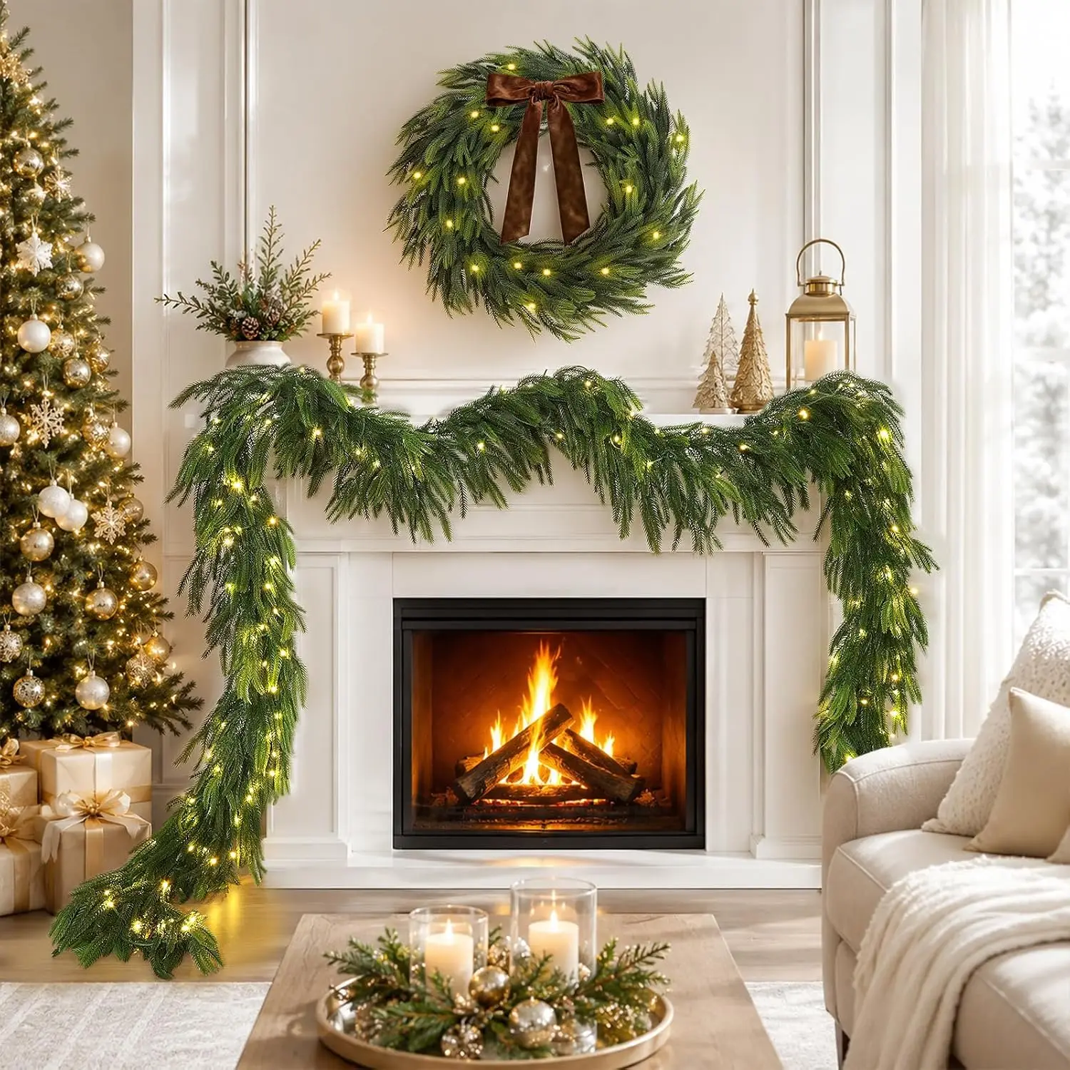 15FT Christmas Norfolk Pine Pre-Lit Garland with 125 LED Lights Real Touch Prelit Garland Christmas Greenery Garland for Table