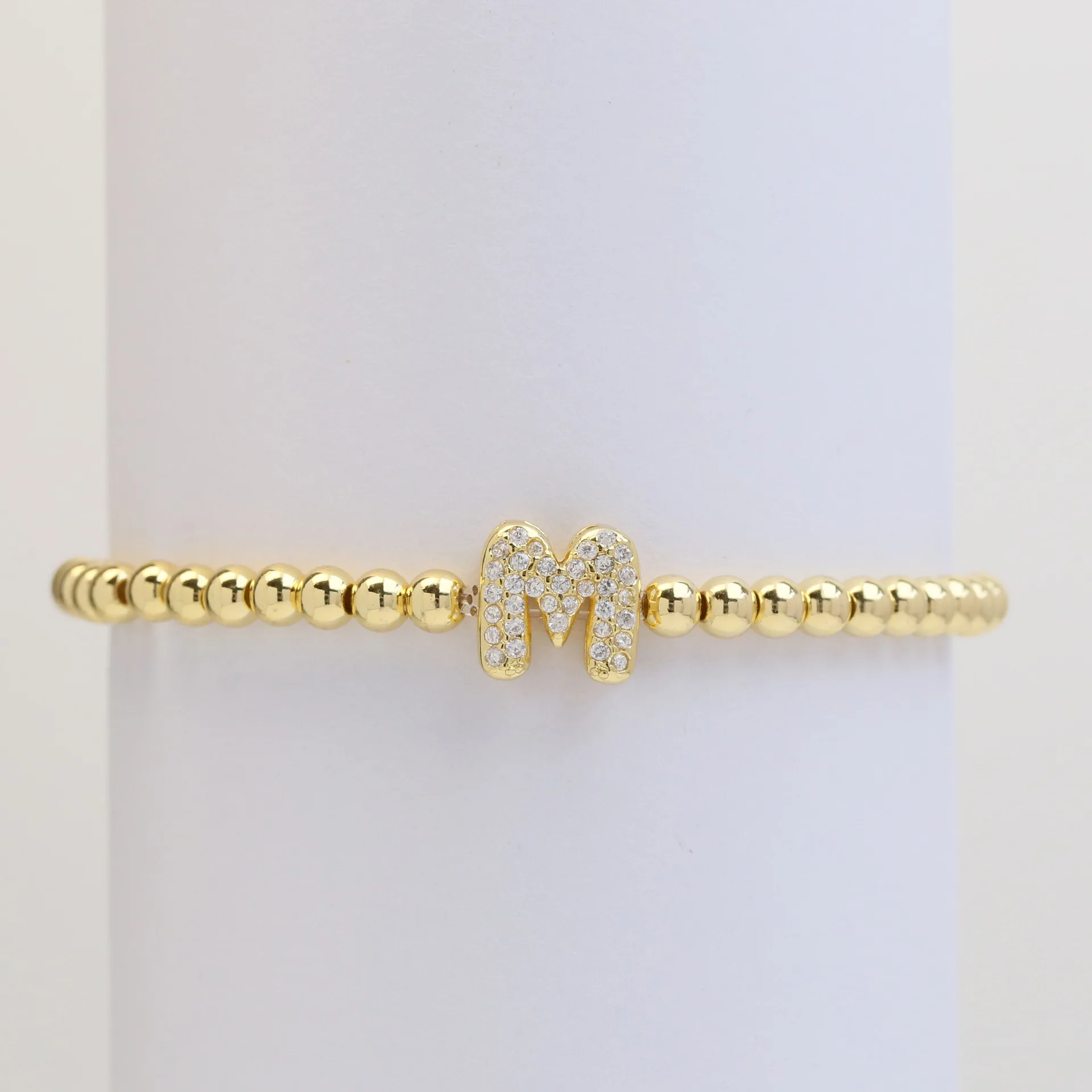 Vintage Zirconia Initials Letters Bracelet Gold Plated 26 A-Z Letters Copper Beads Elastic Beaded Bracelet Women Jewelry