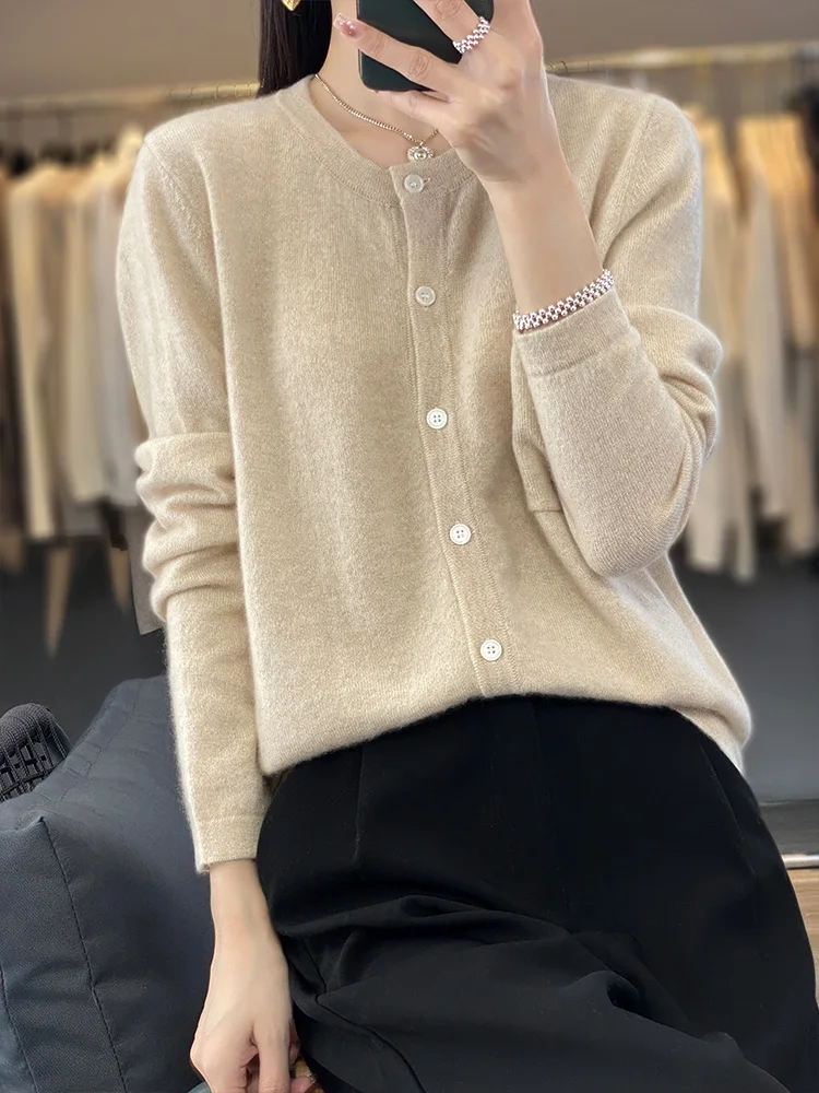 

2024 New Style Spring Summer Autumn Women's Sweater O-neck Long Sleeve Cardigan 100% Merino Wool Knitwear Female Clothing Top