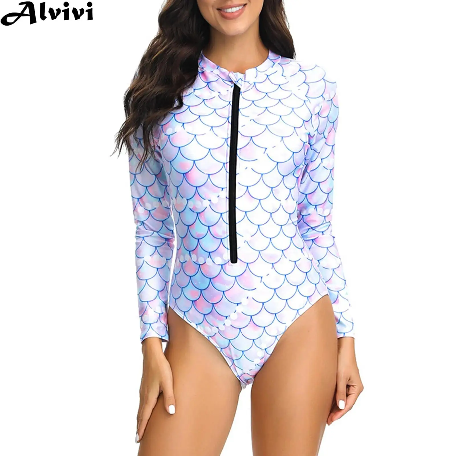 

Women Mermaid Fish Scales Print Bodysuit Swimsuit Rash Guard Long Sleeve Swimwear UPF 50+ Sun Protection Surfing Bathing Suit