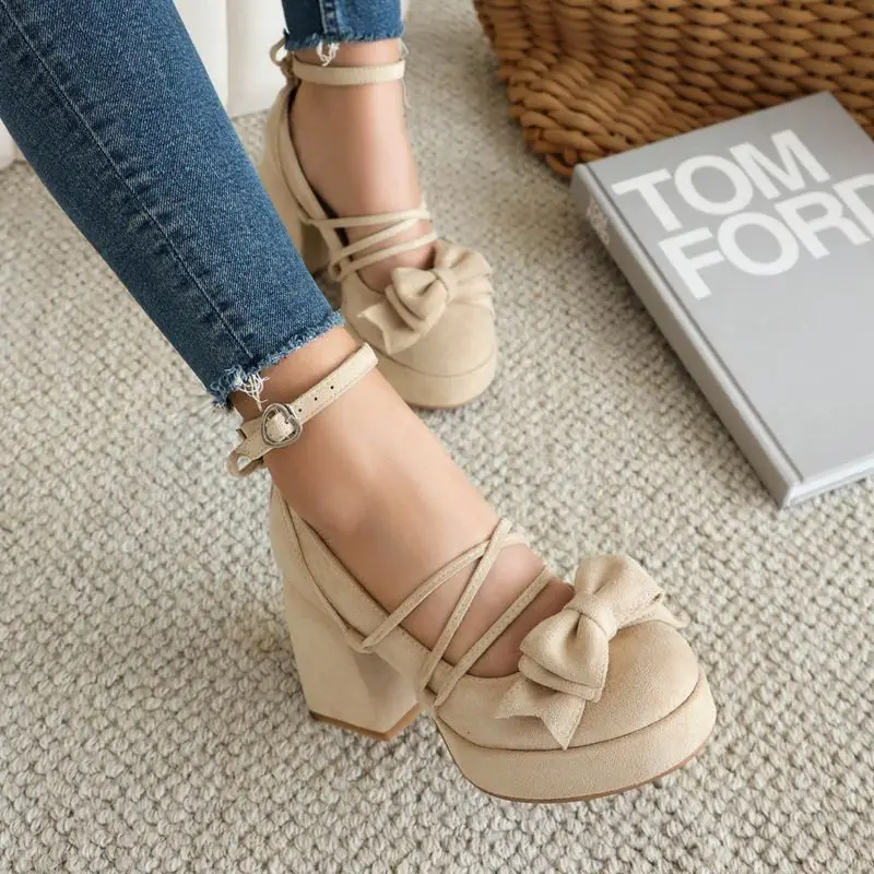 SIMLOVEYO Lolita Style Women Pumps 32 33 Round Toe Chunky High Heels 9cm Platform Bowknot Ankle Strap Big Size 44 45 Sweet Shoes