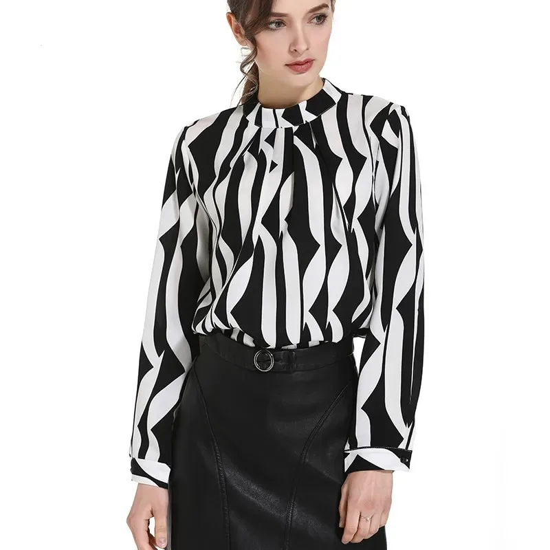 Fashion O-neck Blouse Spring New White Black Striped Long Sleeve Chiffon Shirt Elegant Office Lady Work Wear Tops Blusas 0941 60