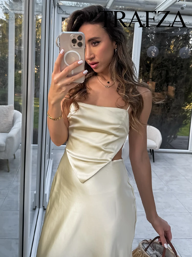 Damska letnia sukienka bez rękawów z satynowej tkaniny, nowa kolekcja, z bocznym zamkiem, odkrytymi plecami, sznurowana, na ramiączkach.