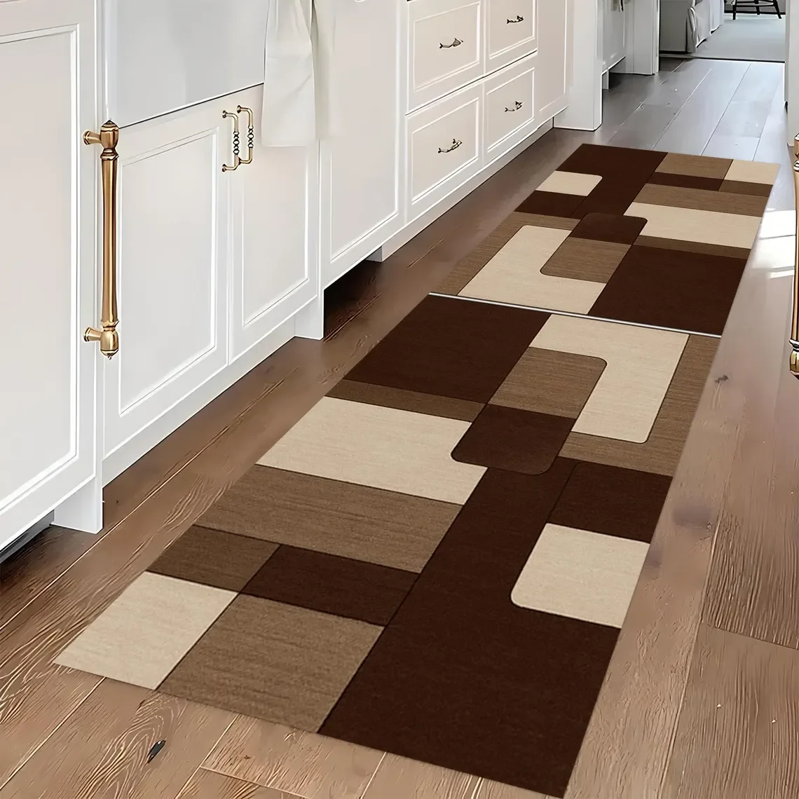 Geometrischer Läuferteppich: Braun-Beige-Abstrakter Flurteppich, Teppiche für Schlafzimmer, Küchenmatte, mit rutschfestem Teppich für den Nachttisch