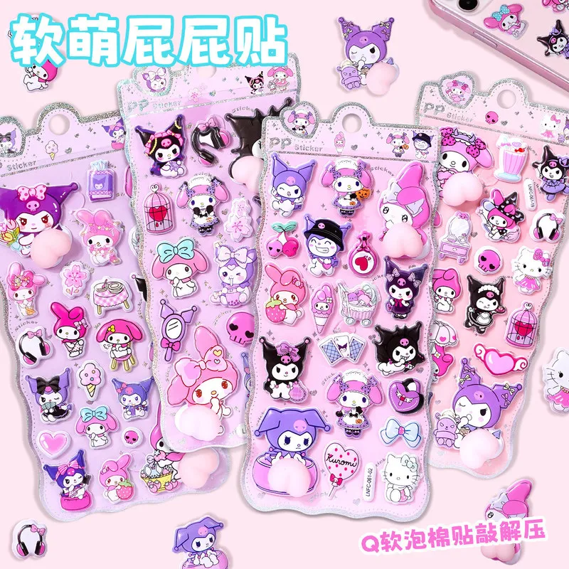 

3D Squishy Cartoon Stickers toys Soft Puffy Stress Relief Kuromi My Melody Decals Wholesale Girls Phone Case Notebook Decor