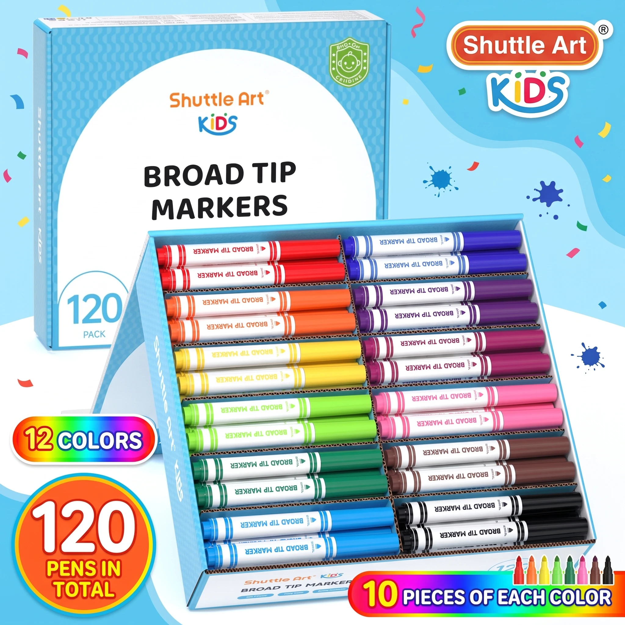 Shuttle Art 120 Count Washable Markers, 10 Assorted Colors Broad Line Conical Tip Large Markers Bulk with a Box, Home Classroom School Supplies for Toddlers Kids Adults Students Teachers