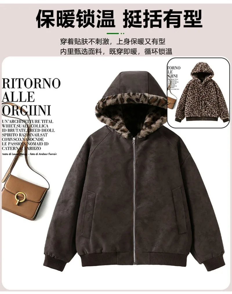 Women Double-sided Penetration Leopard Print Cotton Padded Jacket Winter Coat Parkas Velvet Warm Hooded Retro Female Outerwear