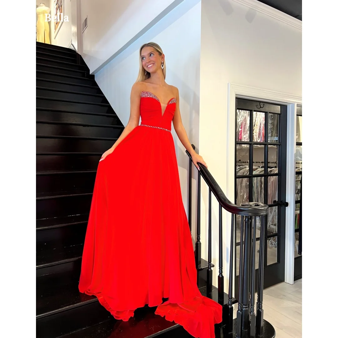 

Bella Customized Red Strapless Prom Dress With Beaded Waist A Line Silhouette robes de soirée Party Dresses For Women Party