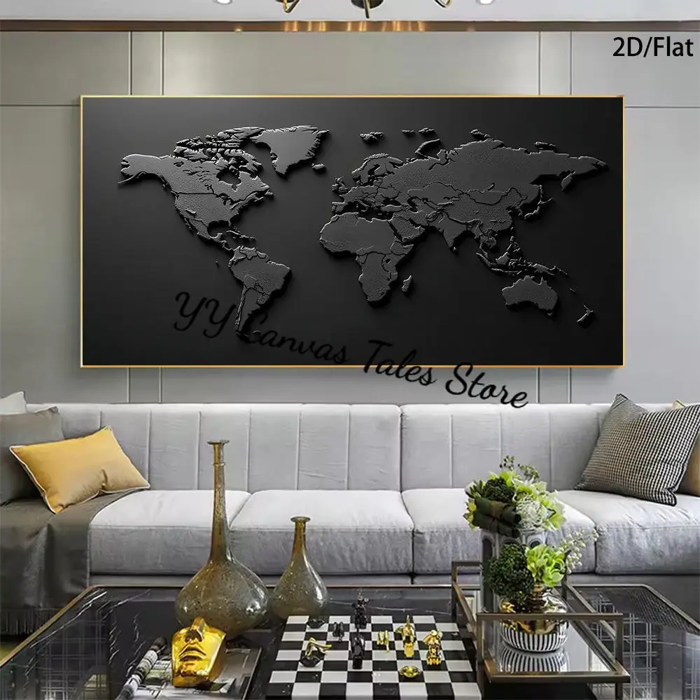 1pc frameless Canvas Painting 1 Modern Abstract Relief World Map Mural - Black and White Printed Canvas Poster for Living Room a