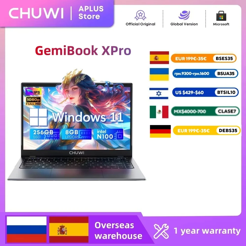 CHUWI GemiBook XPro-laptop 8GB LPDDR5 256GB SSD Intel N100/N150 UHD grafische kaart 12e generatie 14,1 '' FHD 1920*1080 Windows 11 laptops