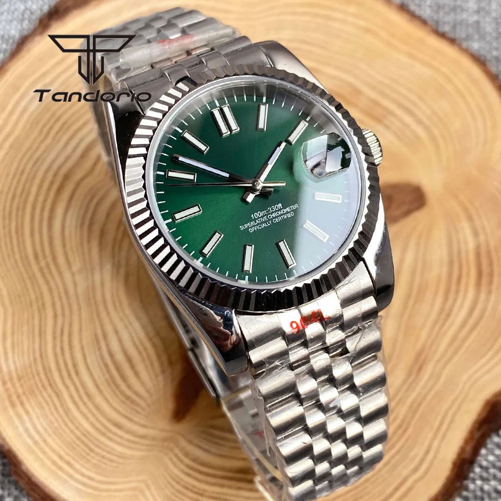 Imagem -03 - Tandorio-relógio Automático Clássico Masculino Mostrador Sunburst Verde Bisel Canelado Vidro de Safira Coroa Parafuso Data Nh35a 36 mm 39 mm