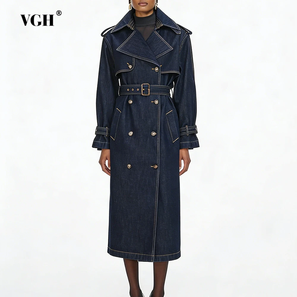 

VGH British Style Vintage Solid Trench Coats For Women Lapel Long Sleeve Spliced Belt Slimming Temperament Jacket Female Fashion