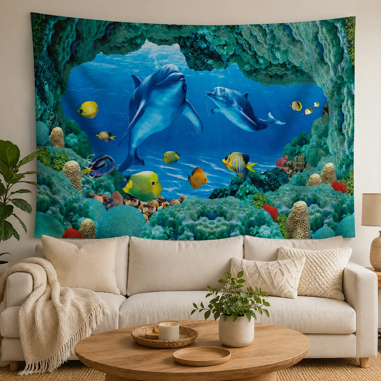 Underwater Cave Tapestry Dolphin Tropical Fish Coral Reef Wall Hanging, Live Stream Photo Backdrop for Student Apartment