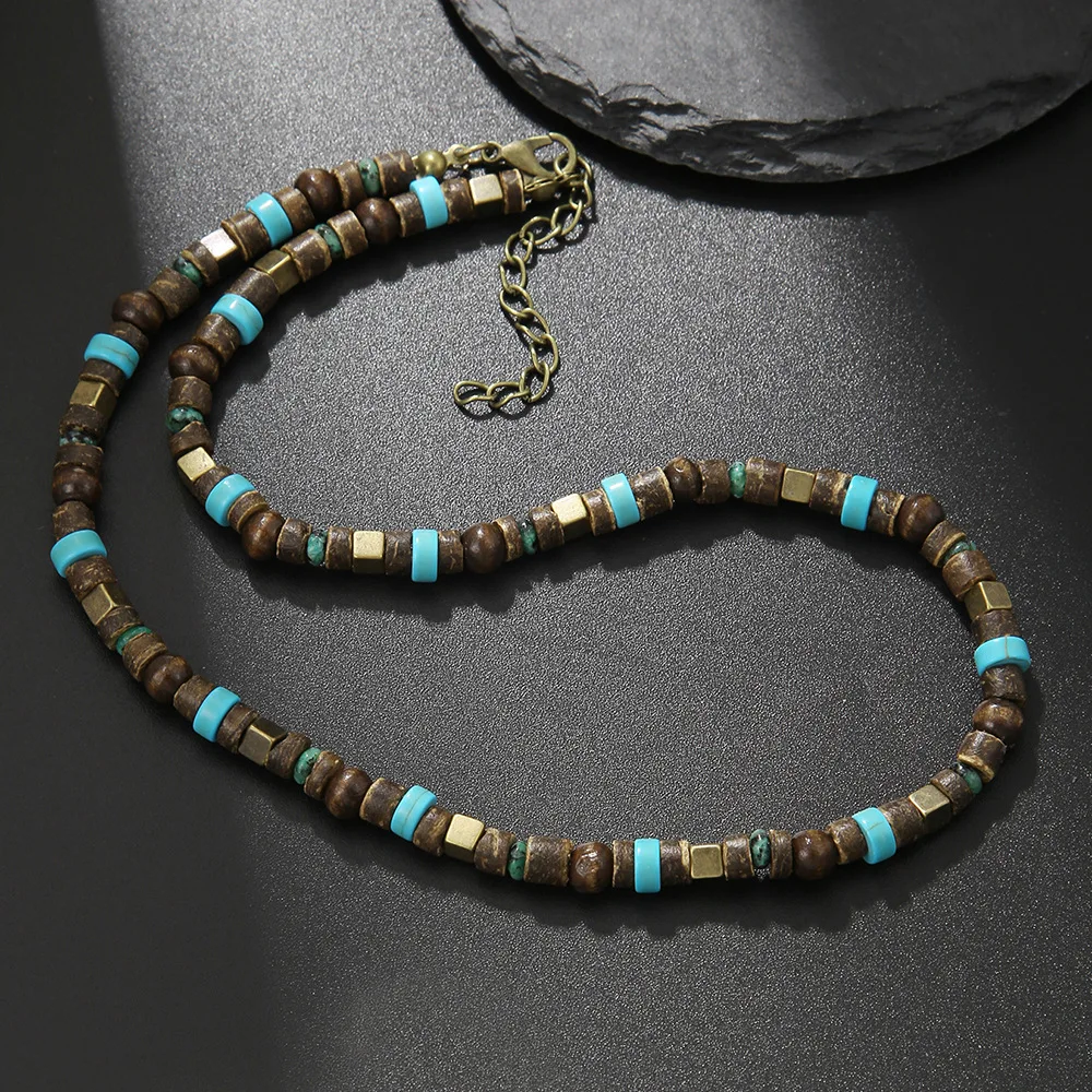 Minority design turquoise metal wooden bead splicing necklace men's hip-hop high sense men and women with beaded clavicle chain.