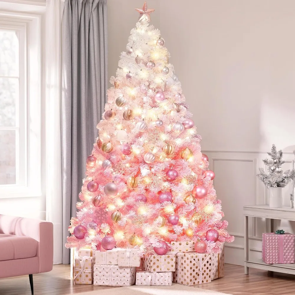 

Christmas Pine Tree with Lights, Snowflake Christmas Tree with Iron Frame, 7.5 Feet, Pink Gradient, Christmas Decoration