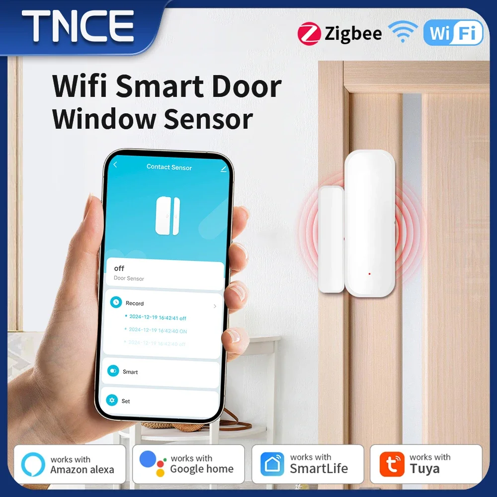 TNCE Tuya Door Window Sensor wifi/zigbee, Open Close Detector Home Security Alarm System, Smart Life Remote Control alexa google