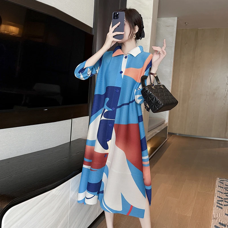 レディース オフィス 通勤 プリーツ シャツワンピース カラーブロック プリント ラペルカラー シングルブレスト ミディアム丈 スリット入り ミニマリストスタイル