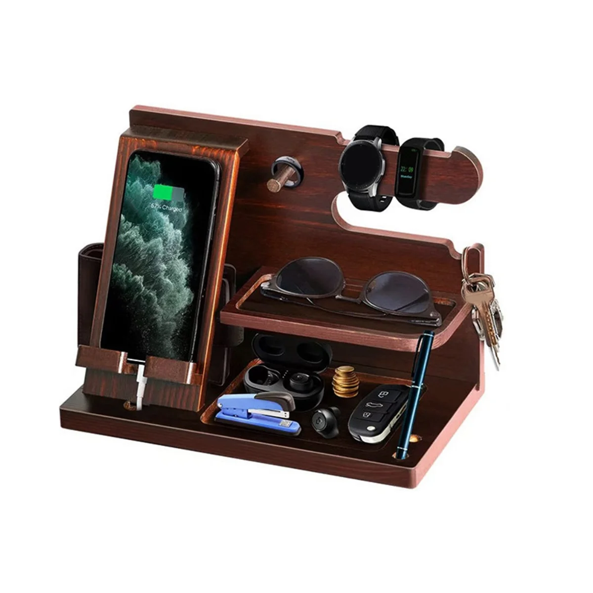

Multifunctional Wood Storage Rack Watches Jewelry Glasses Phone Holder Keys Organizer Wallet Stand For Entrance Cabinet
