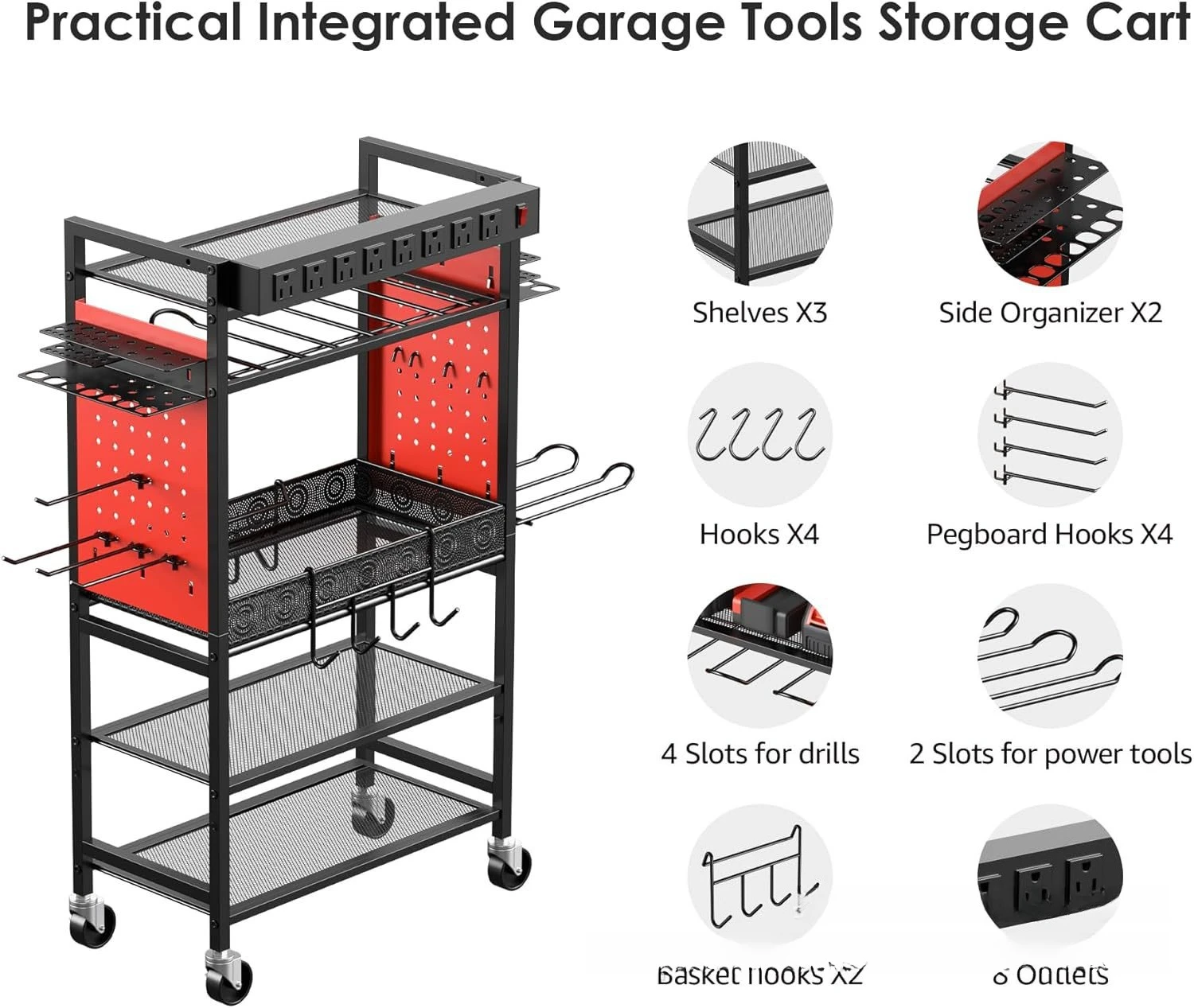 Electric drill tool storage cart with charging station, garage ground mobile wheeled storage cart with 6 drill bit toolboxes