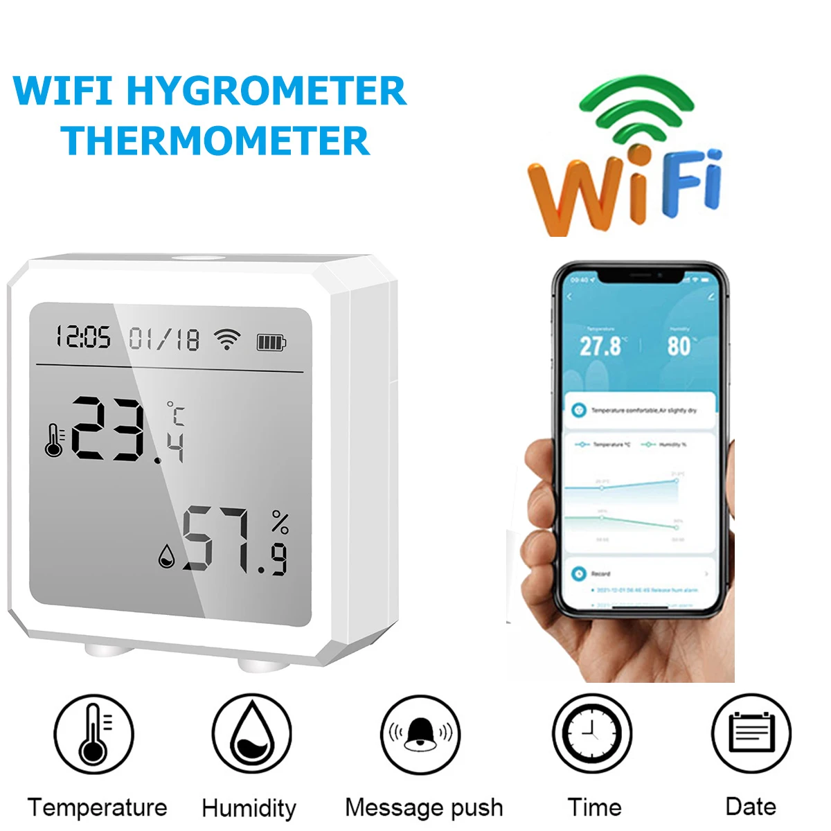 WiFi Hygrometer Thermometer Wireless Humidity Monitor with App Alerts Indoor Outdoor Humidity Sensor Alexa Google Assistant