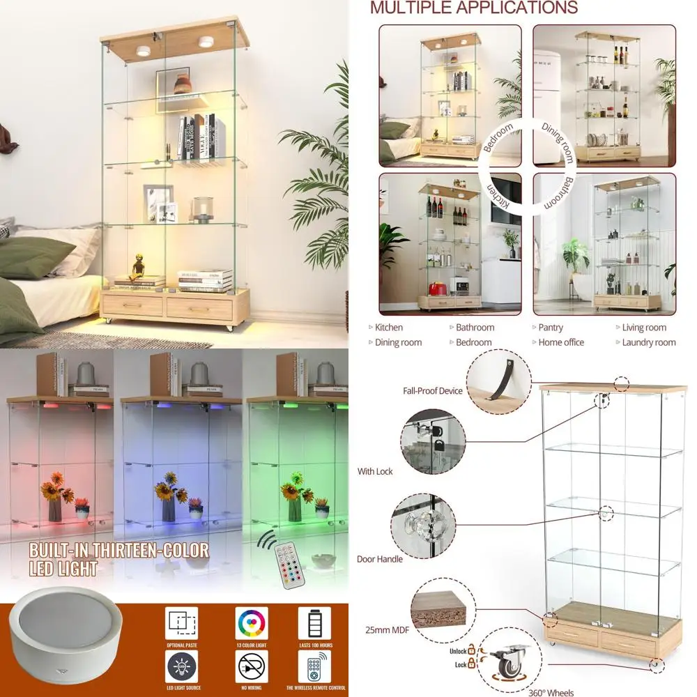 

Floor Standing 4-Tier Glass Curio Cabinet with LED Lights, Drawers, and Wheels for Home Display