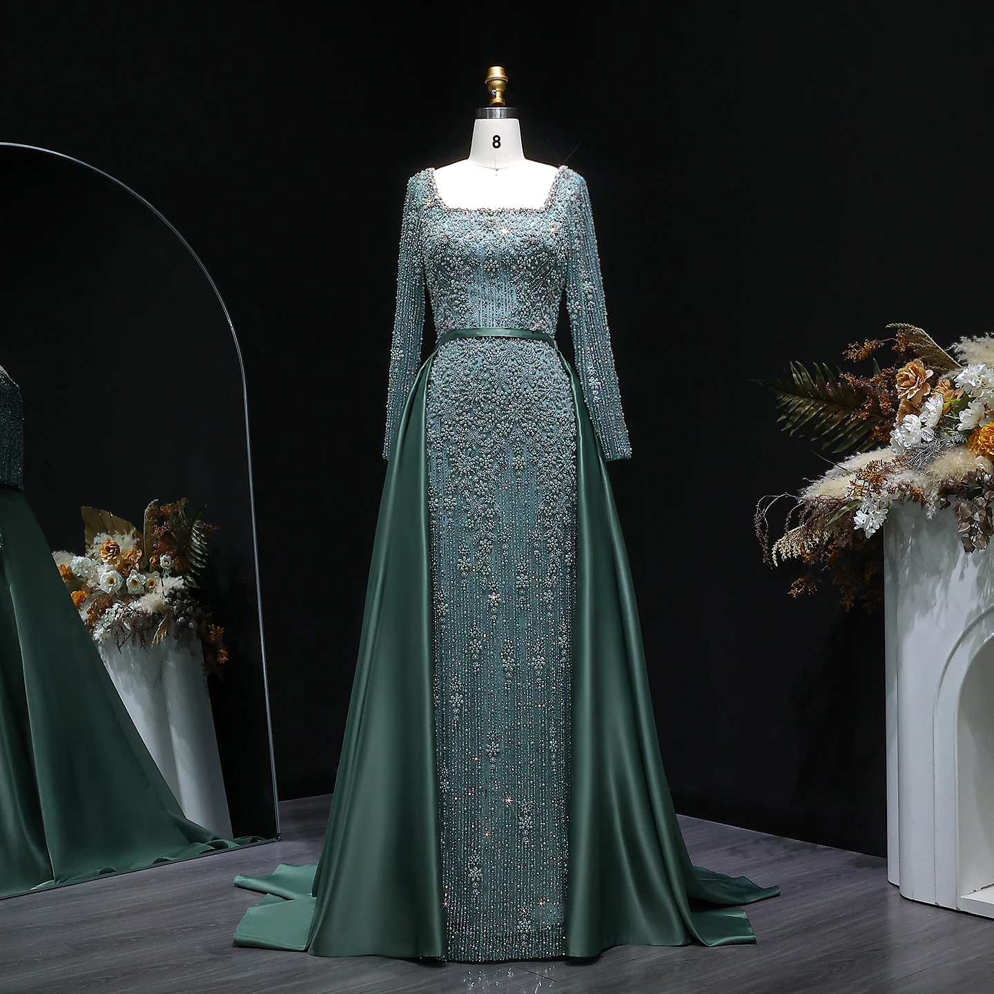Sharon Said Champagner Meerjungfrauen-Abendkleid mit langen Ärmeln, Überrock, Perlenbesatz, Arabian Nights Ballkleid, formelles Kleid SS119, maßgeschneidert – Detail 5