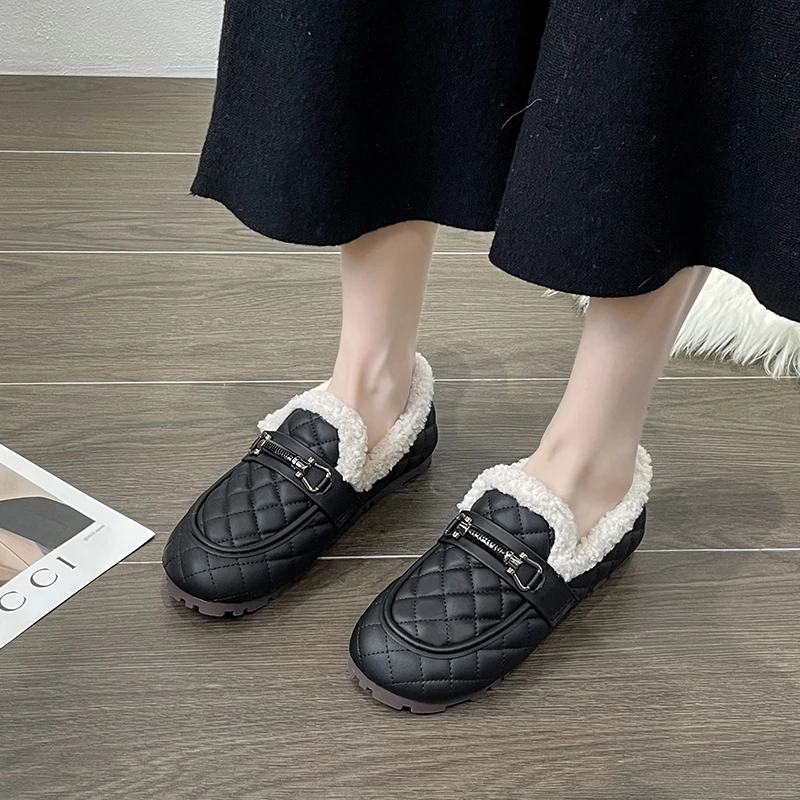 Women Fashion Non-slip Flat Shoe Casual Soft Lightweight Loafer Plugging Thickening Comfortable Warm Shoes for Winter Size 35-43