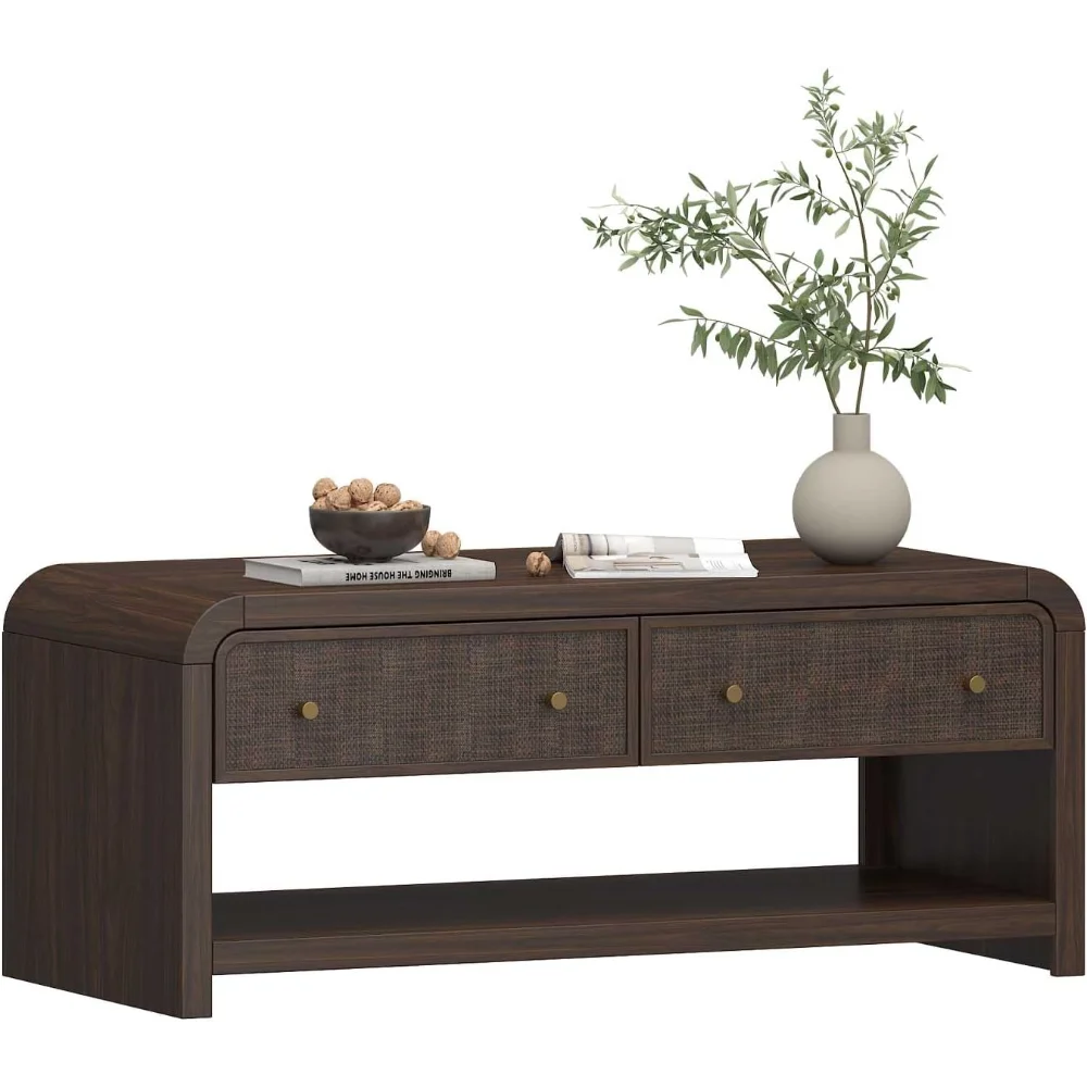 

48'' Boho Coffee Table, Thickened Arc-Shaped Design with Rattan Drawer, Oak Table for Living Room