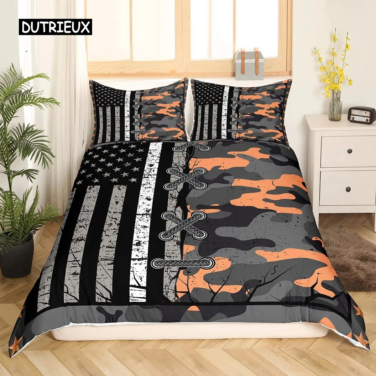 American Flag and Fire Truck Duvet Cover Set Twin Comforter Cover with Pillowcase Bedclothes USA F