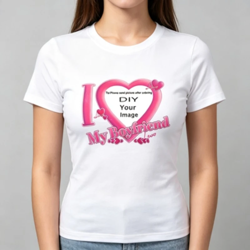 Women Cotton Slim Fit Round Neck T-Shirt I Love My Boyfriend Heart Graphic  Casual Summer Short Sleeve Tee For Women