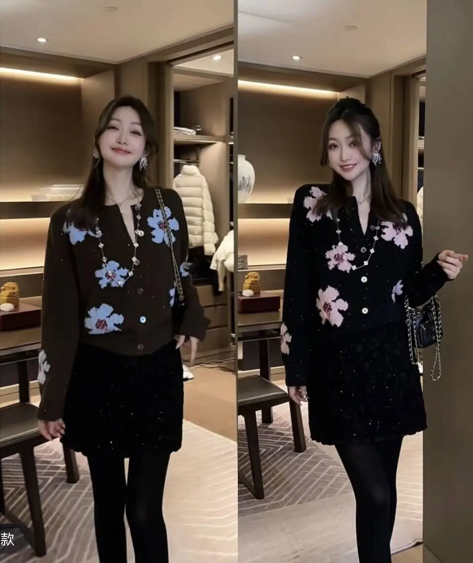 

Embroidery Knitted Sweater Coat Women's round Neck Autumn Winter New Style Casual Style Cashmere Loose Sequin Cradigan F433