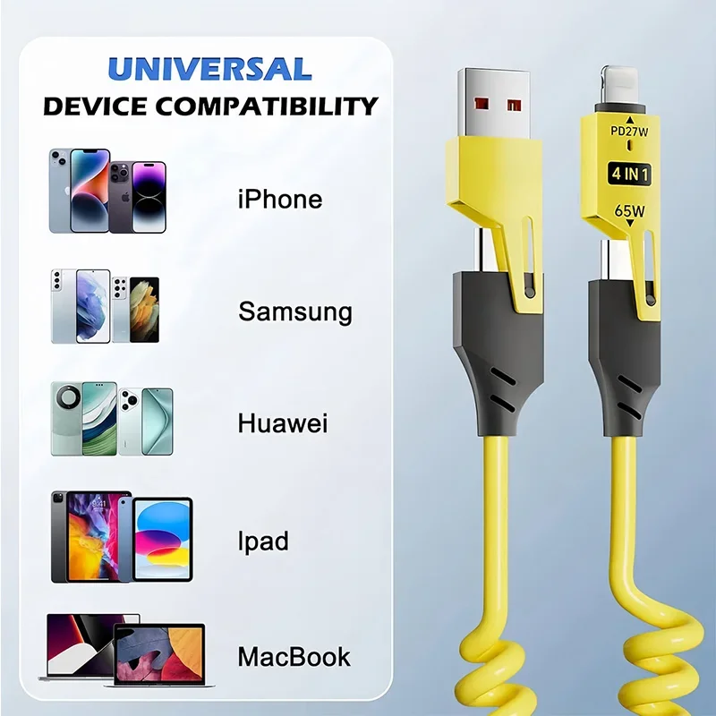 شاحن سريع 65 وات 1.5 متر 4 في 1 كابل بيانات قصير زنبركي USB نوع C زنبركي تلسكوبي شاحن سريع سلك كابل USB زنبركي لهاتف آيفون