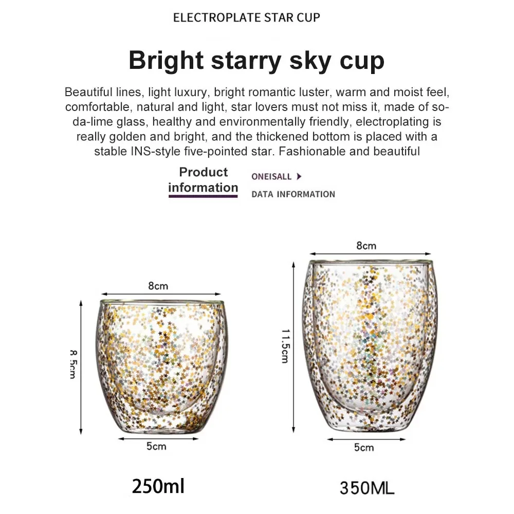 250/350ml Glass Tea Cup Heat Resistant Borosilicate Glass Double Wall Coffee Cup Starry Style Coffee Tea Beer Whisky Mug