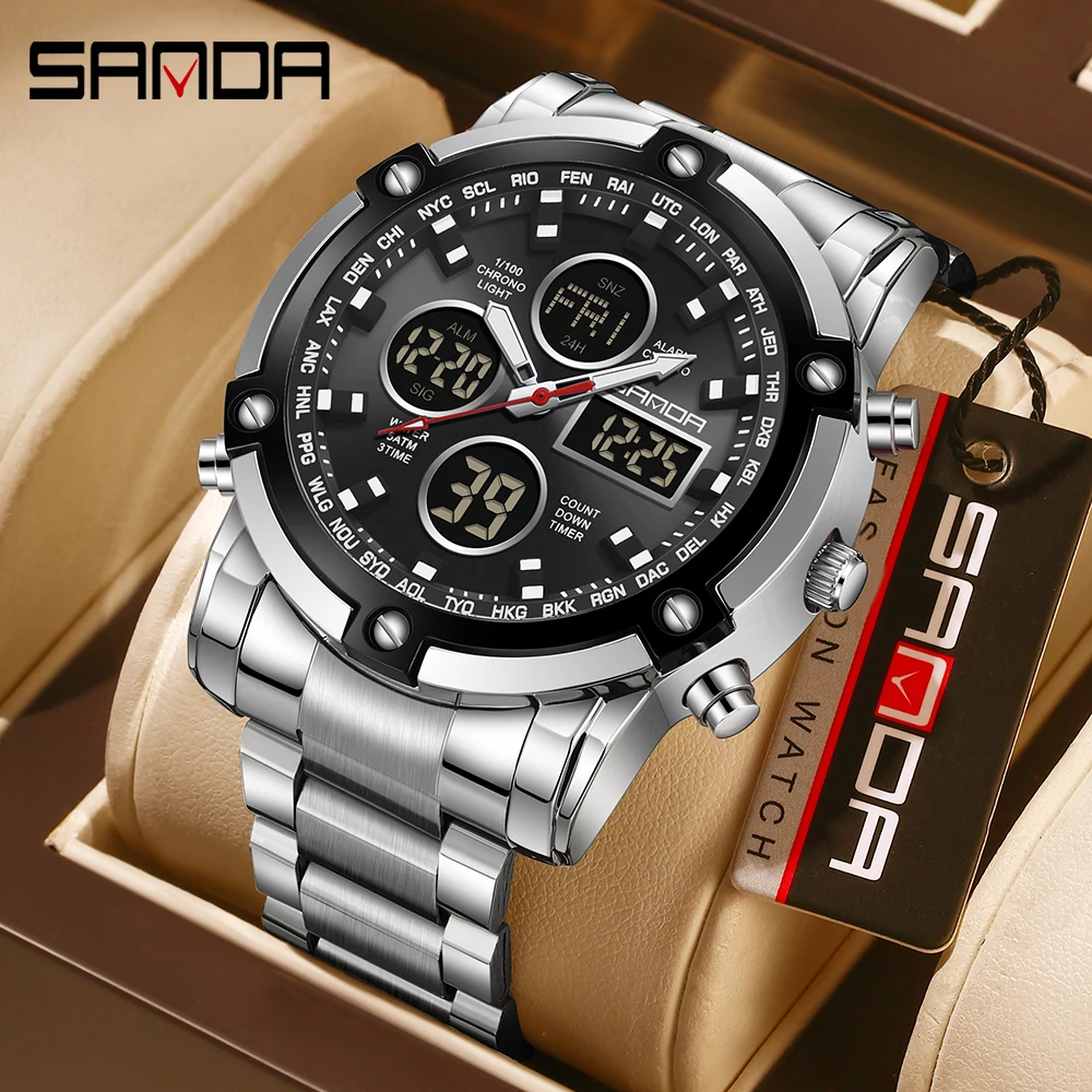 

Мужские наручные часы SANDA 2026: водонепроницаемые, ударопрочные, для активного отдыха, хронограф, новый дизайн, ремешок из нержавеющей стали, режим будильника