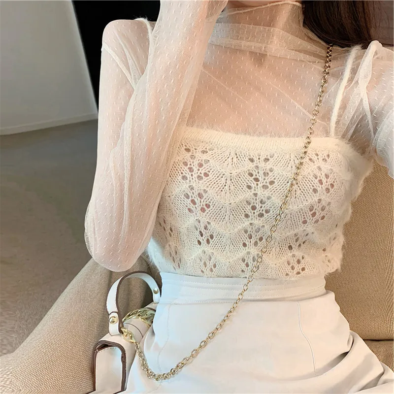 Sexy Lace Mesh Tees T-Shirt Tops fpr Women Pullover See Through Thin Bottom Shirt Blouses Long Sleeve Female Dots High Neck 2024