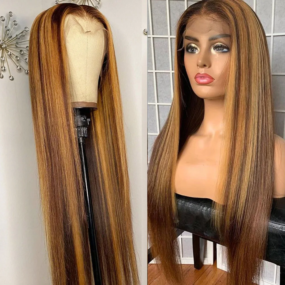 13x6 Highlight Ombre Gerade Spitze Vorne Menschenhaar Perücke Honig Blonde Farbige Knochen Gerade Spitze Frontal Perücken Für schwarz Frauen