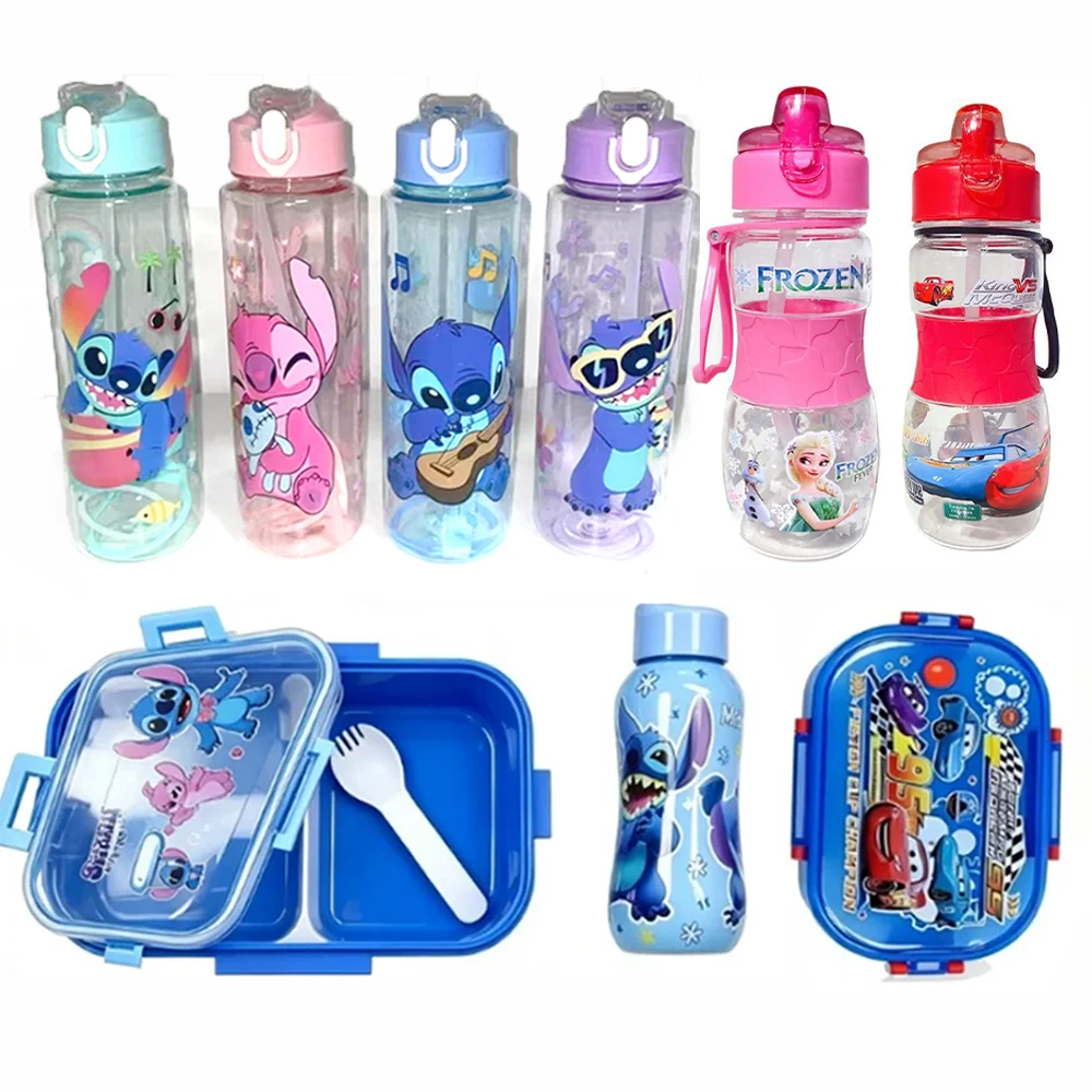 Disney Stitch Princesse Elsa, gourde portable Lightning McQueen, boîte à lunch Stitch, bouteilles d'eau de grande capacité, cadeaux pour amis.